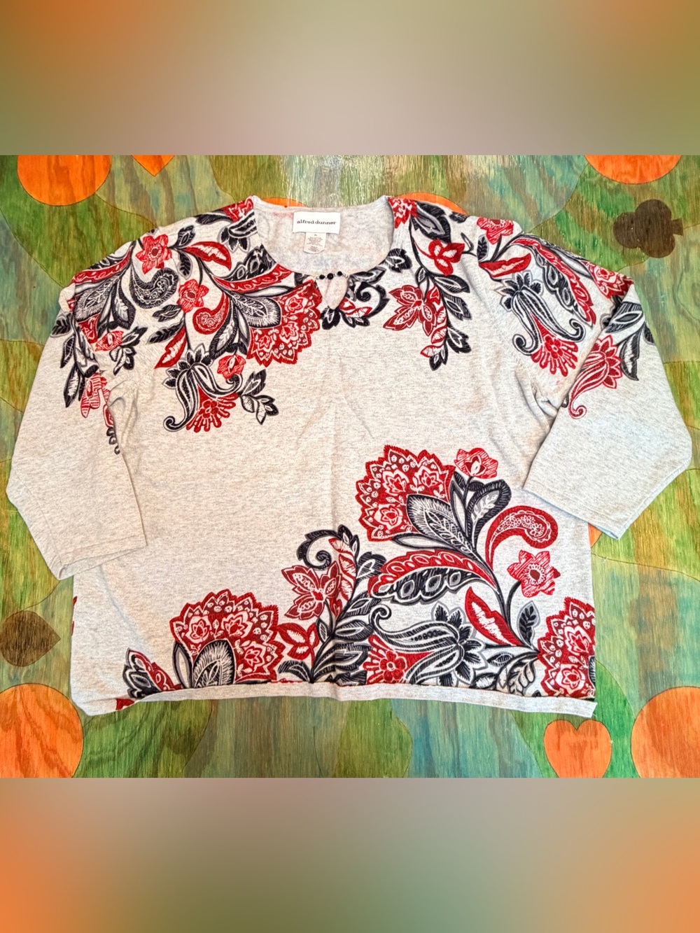 Alfred Dunner Womens Floral 3/4 Sleeve Size XL with  Beaded Neck Line Cotton Pul